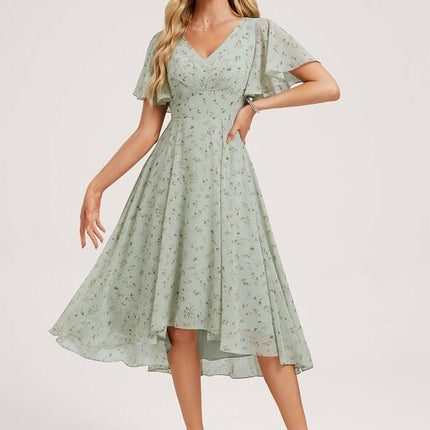 robe demoiselle d'honneur florale vert sauge à volants