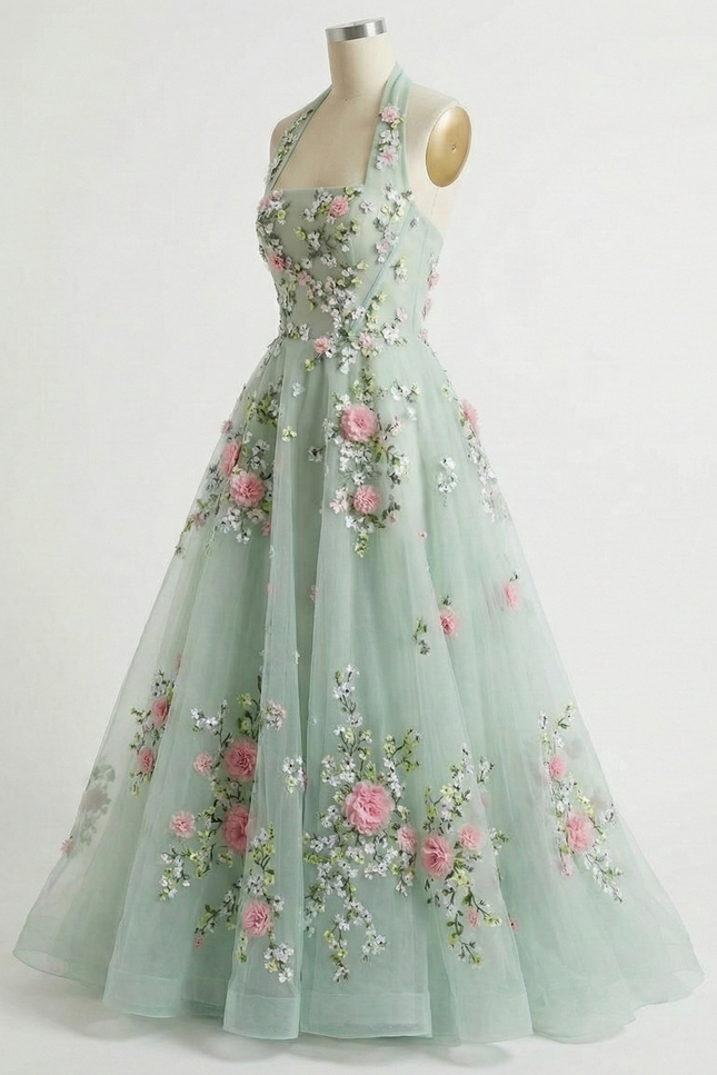 Robe Trapèze Florale Vert Sauge