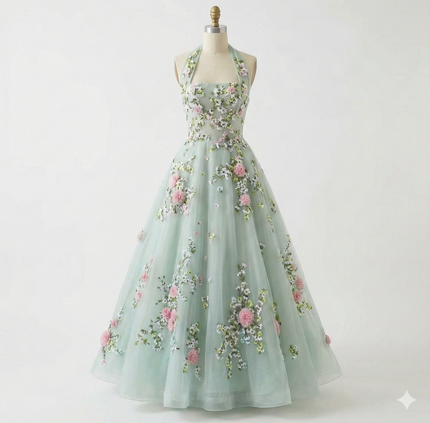 Robe Trapèze Florale Vert Sauge